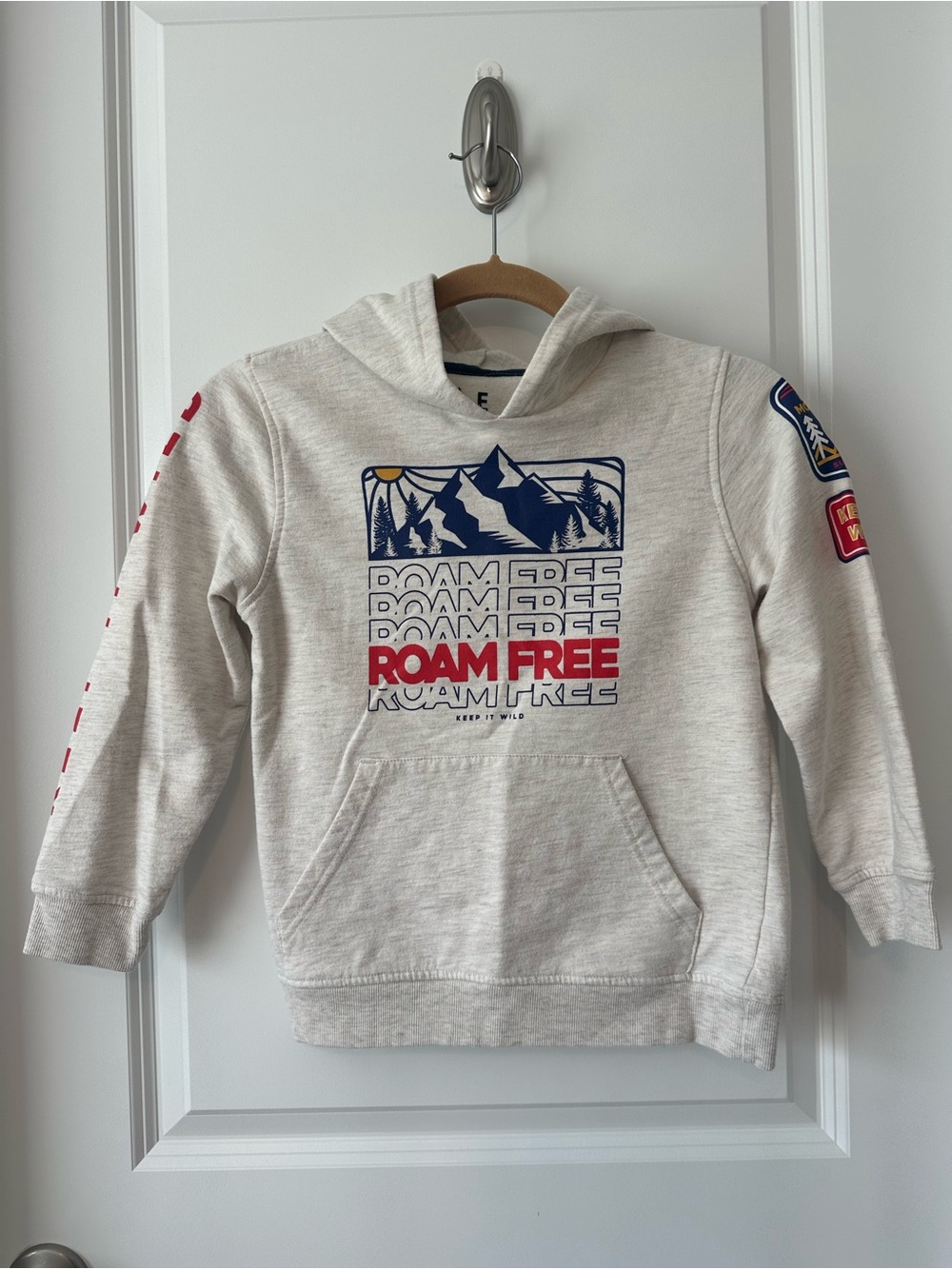 JEM Cream Hoodie with Blue and Red Mountain Graphic